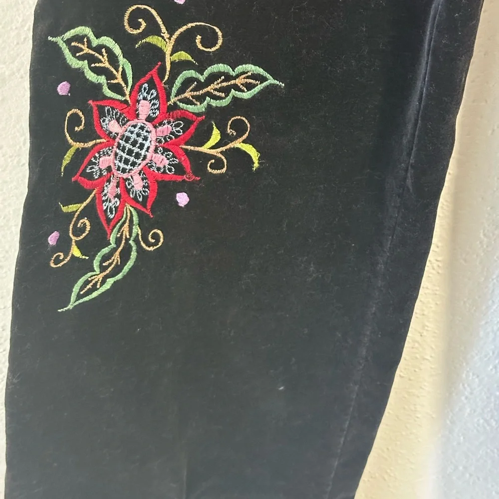 Vintage velvet black jacket and pants size youth 8 Pink and green embroidery.